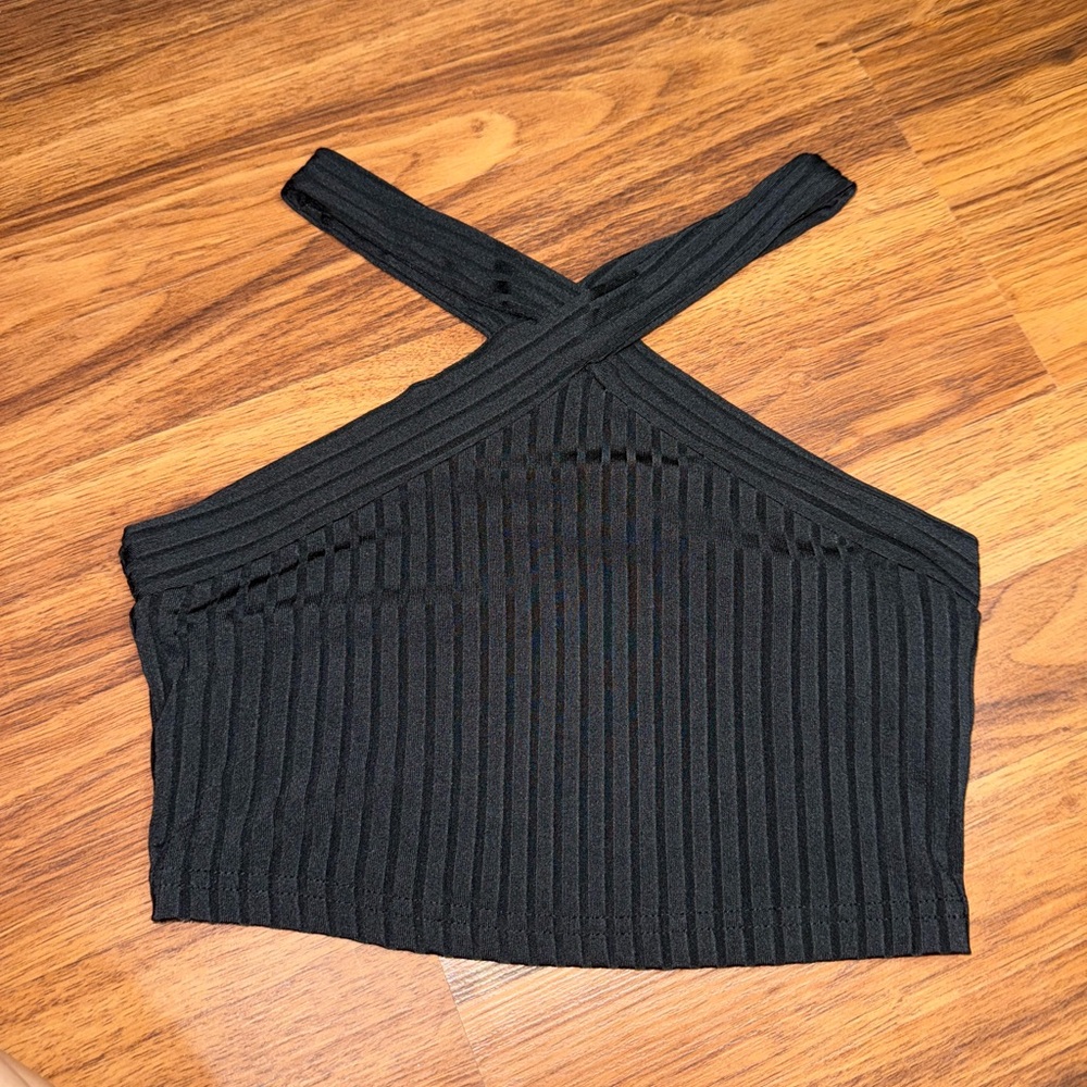 SHEIN Black Ribbed Cross-Strap Crop Top